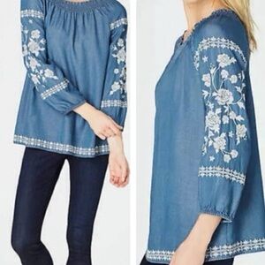 J. JILL | Denim Color Balloon Sleeves Embroidered Boho Peasant Top